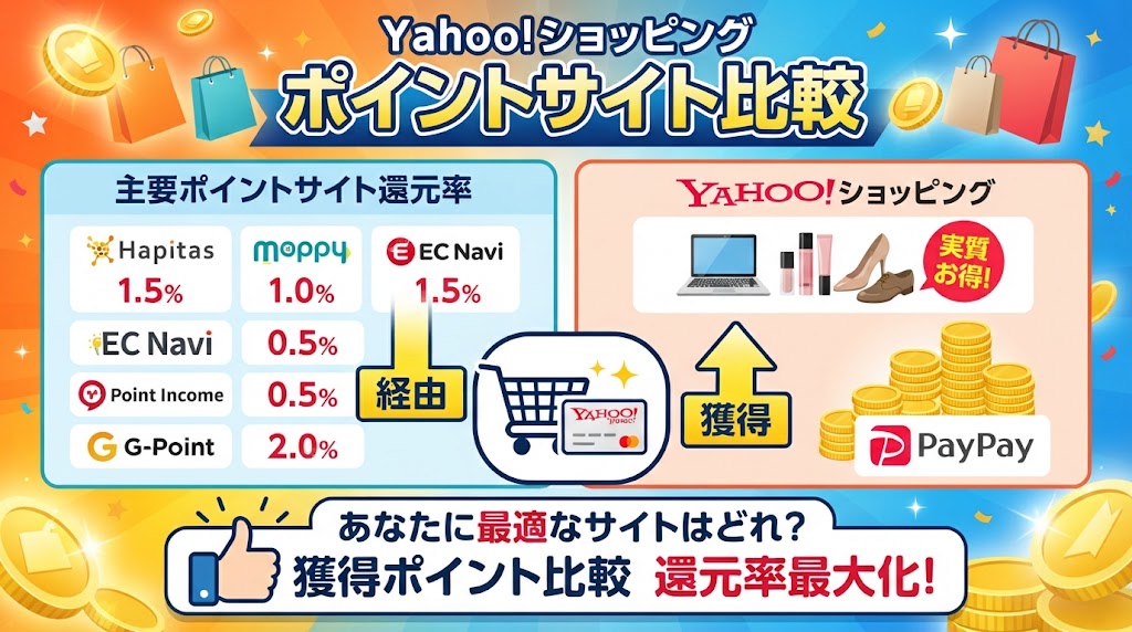 ヤフーショッピングのポイントサイト比較！経由でお得に貯める方法