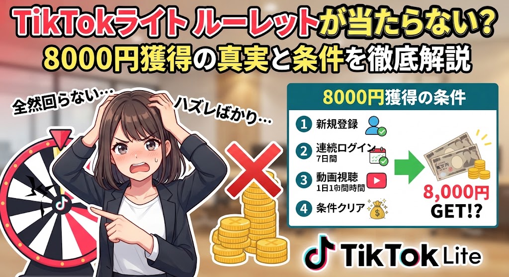TikTokライトのルーレットが当たらない？8000円の条件
