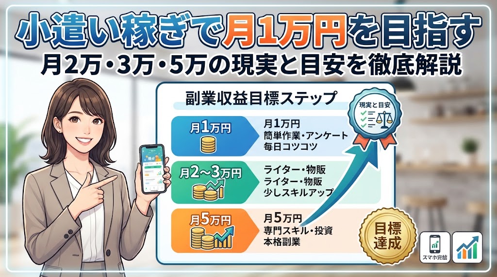 小遣い稼ぎで月1万円を目指す｜月2万・3万・5万の現実と目安